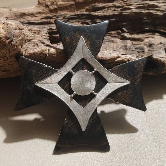 Large Armenian Wooden Silver Tone MCM Gothic Cross Brooch Pin Statement Vintage - Picture 7 of 9
